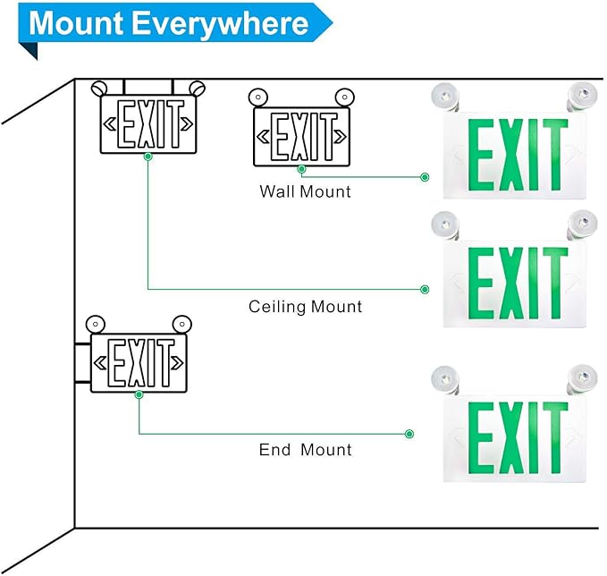 SPECTSUN 6 Pack Led Exit Sign with Emergency Lights & Battery Backup Operated Powered Green Exit Lights Exit only Sign-UL Listed 120-277VAC Fire Exit Signs Lighting for Room,Street,Window.Stairs.