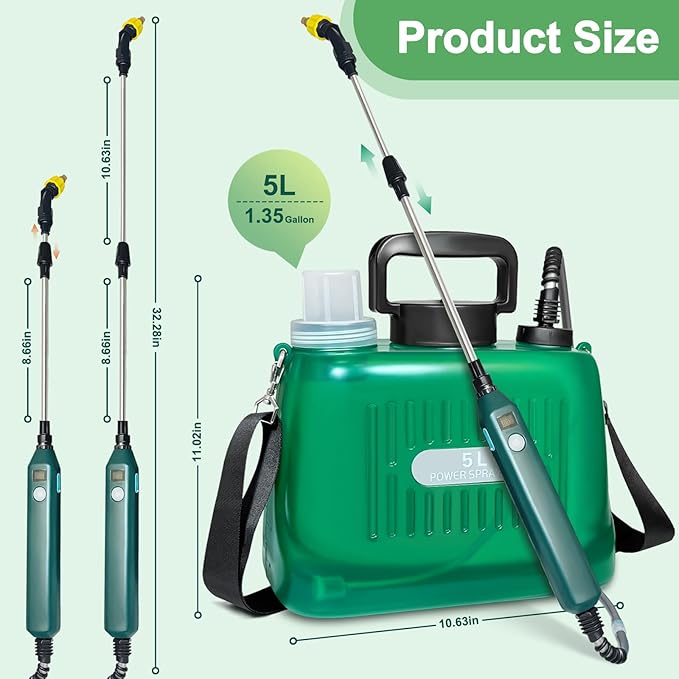 Battery Powered Garden Sprayer 1.35 Gallon, Electric Powered Sprayers, Weed Yard Lawn Sprayer with Battery Indicator, 3 Mist Nozzles, Retractable Wand & Adjustable Strap for Yard, Lawn, Garden
