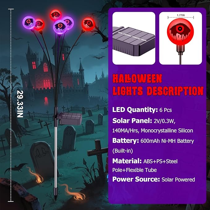 Halloween Decorations Outdoor Lights, 6 Pack 36LEDs Purple and Orange Solar Halloween Lights, Waterproof Swaying by Wind Spooky Solar Eyeballs Light for Yard Garden Party Halloween Decor