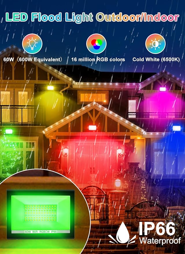 T-SUN RGB Flood Lights Outdoor, 600W Equivalent Color Changing Landscape LED Light with APP Control, Waterproof Floodlight with 16 Million Colors, Timing, Music Sync (RGB-APP Control, 60W-2Pack)