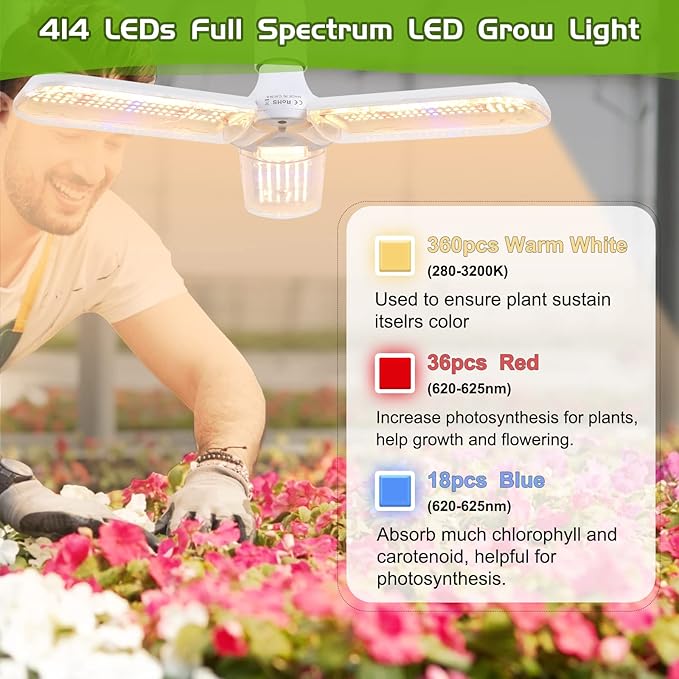 150W LED Grow Light Bulb - Full Spectrum Plant Growing Lamp for Indoor Plants 414 LEDs Light Bulbs E27 Base with Waterproof Foldable Three-Leaf Lamp Body for Hydroponics Garden Greenhouse Houseplants