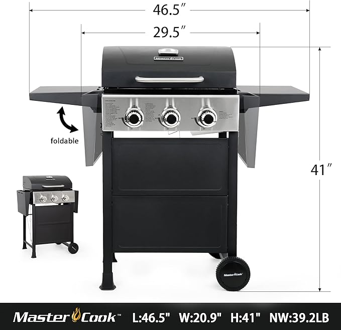 MASTER COOK 3 Burner BBQ Propane Gas Grill, Stainless Steel 30,000 BTU Patio Garden Barbecue Grill with Two Foldable Shelves