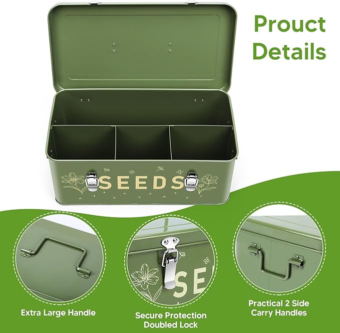 Seed Organizer Storage Box with 4 Compartments Lockable Sealed Metal Seed Container Kit Includes 50 Seed Bags 100 Plant Tags 50 Clips and Marker