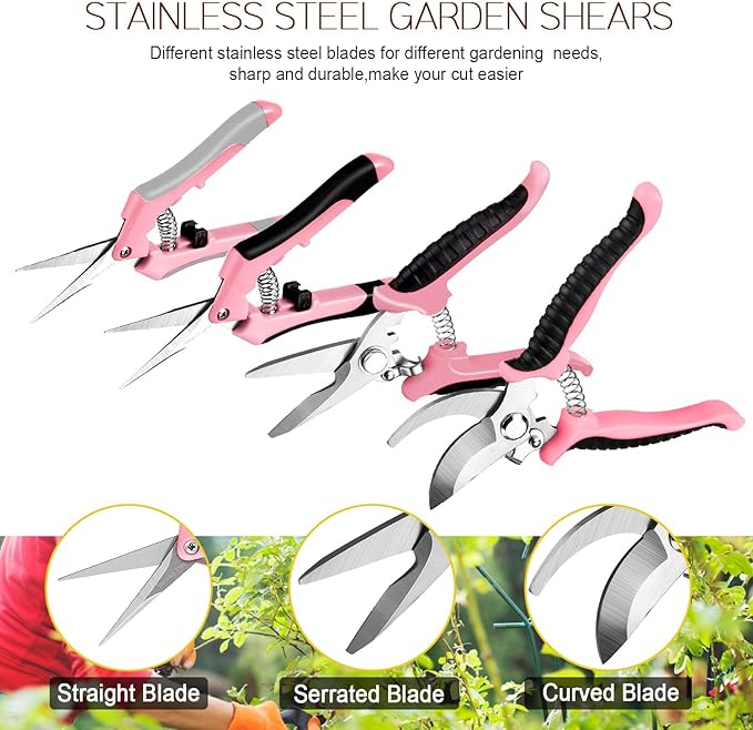 4 Packs Garden Pruning Shears Stainless Steel Blades Handheld Pruners Set with Gardening Gloves(Pink)
