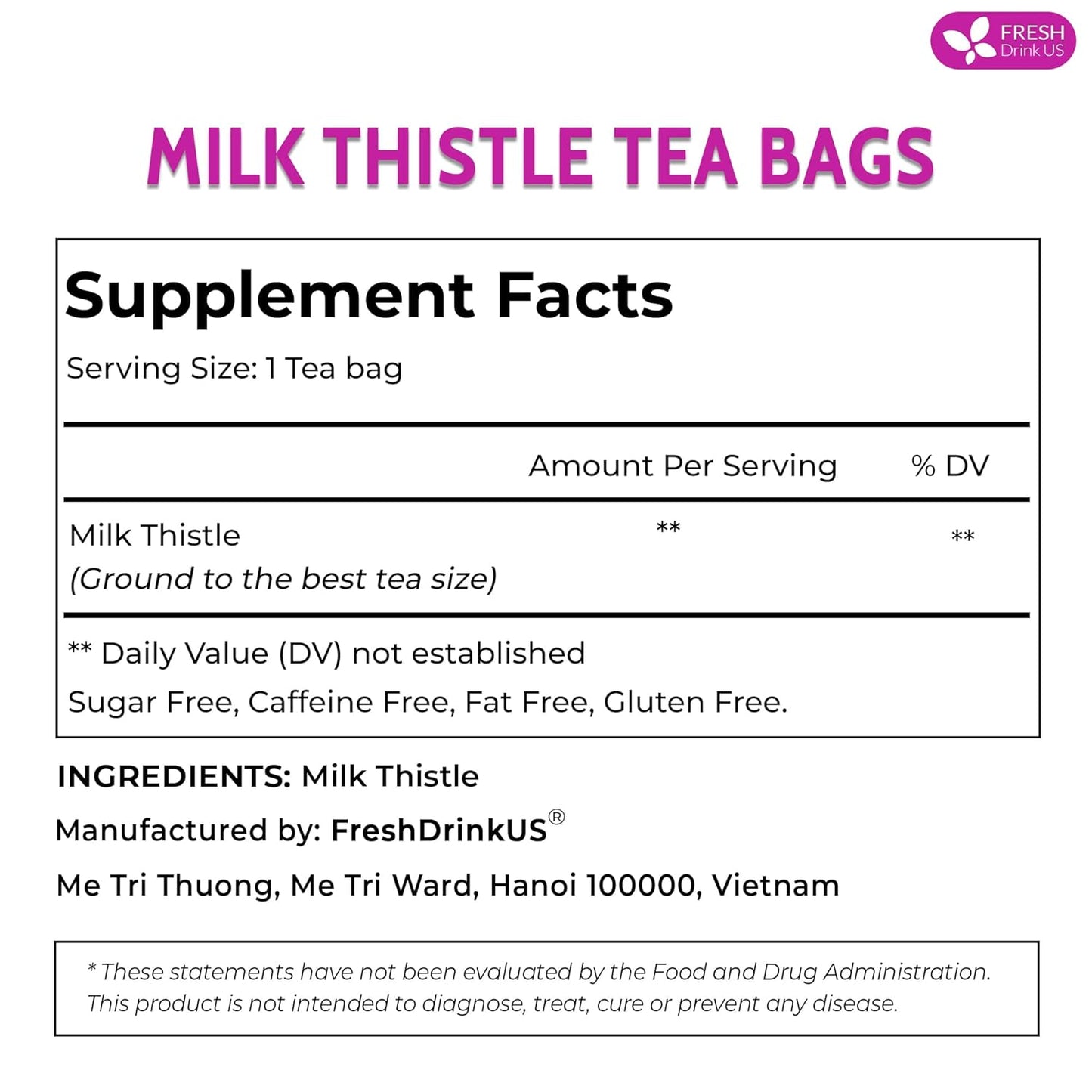 FreshDrinkUS, Premium 30 Milk Thistle Tea Bags, 100% Natural & Pure from Milk Thistle Seeds. Milk Thistle Seed Herbal Tea. Made with Natural Material Tea Bags. No Sugar, No Caffeine, No Gluten, Vegan.