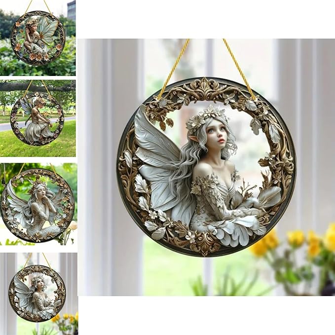 Flower Fairy Garden Decorations Angel Wing Christmas Halloween Deco Statue Art Elf Sculpture Hanging Craft for Outdoor Yard Courtyard Lawn Patio Window Acrylic Ornament Home Gift (D,L: 8*8 IN)