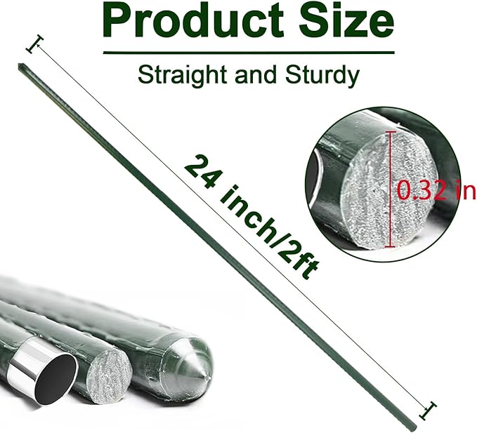 Garden Stakes 24 Inch, 2ft Metal Plant Stakes 30 Pack for Gardening and Farm, Plastic Coated Plant Support for Tomato, Cucumber, Bean, Flower, Potted More Climbing Plants