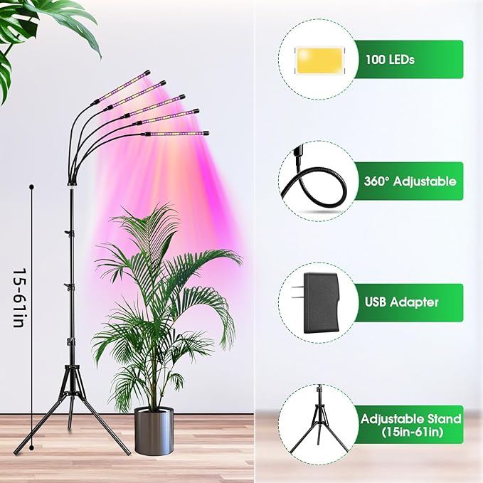 Wolezek Grow Lights for Indoor Plants, 2 Pack Full Spectrum Plant Light with Adjustable Stand, 5-Head LED Grow Light with Auto 6/12/16H Timer, 5 Brightness Levels, Ideal for Large & Tall Plants