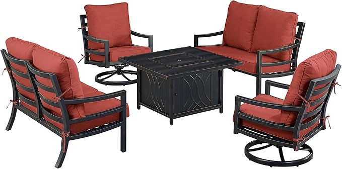 Oakland Living Black Aluminum Patio Fire Table Set with Two Deep Seating Loveseat with Cushions and Two Club Chairs with Red Cushions