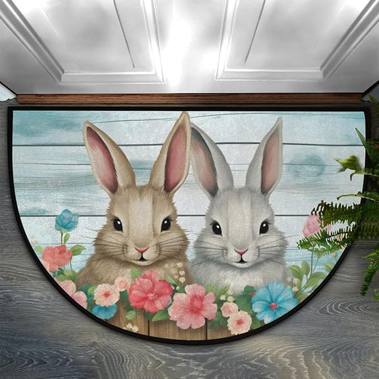 Easter Half Round Door Mat - Rabbit Spring Flower Semicircle Doormat, Non Slip Area Rug, Soft for Front Door, Indoor Entrance, Wear Resistant Welcome Mat for Garage, Patio, Home Decor - 24 x 36 In