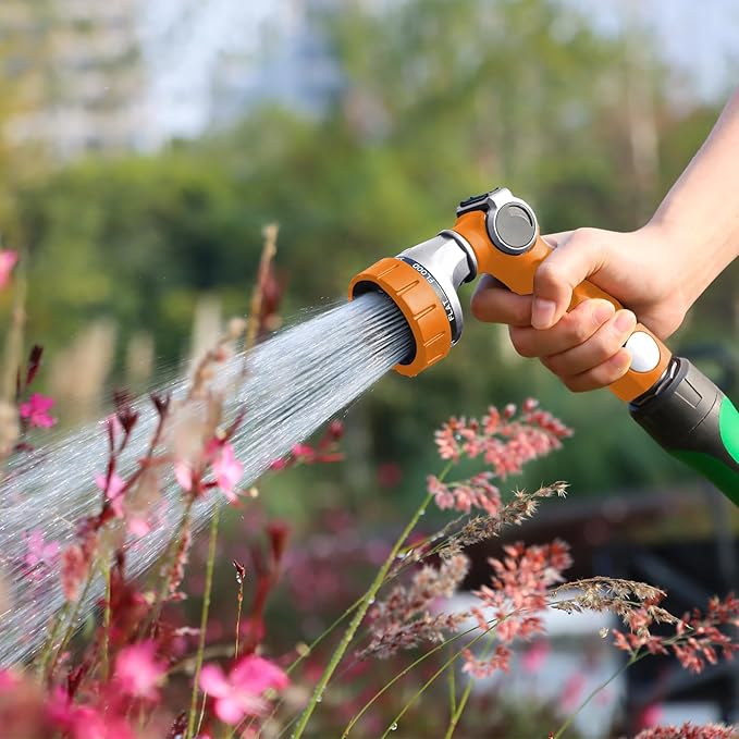 RESTMO Heavy Duty Hose Nozzle, Metal Garden Water Hose Sprayer with 7 Watering Patterns, Thumb Control, On Off Valve, High Pressure Nozzle Sprayer for Watering Plants, Car and Pet Washing, Orange