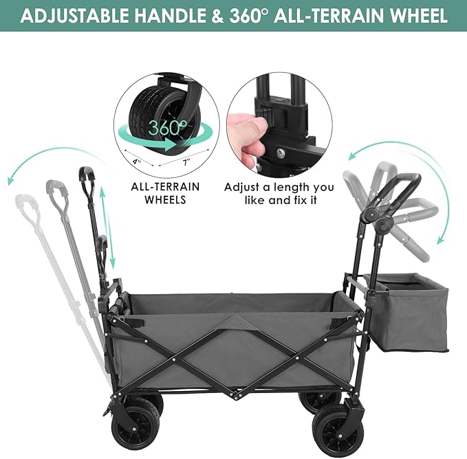 AthLike Extra Large Collapsible Wagon w/Removable Canopy, 250lbs/262L Capacity Foldable Garden Cart w/Rear Storage, Heavy Duty Push&Pull Utility Camping Beach Stroller w/Big Wheel&Adjustable Handles