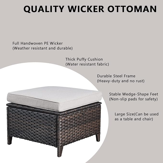 Wicker Outdoor Patio Furniture Set - 5 Piece Patio Conversation Sets with Swivel Rocker Chairs, Ottomans and Sofa, 6 inch Cushions, Waterproof Wicker, for Porch Deck Brown/Beige