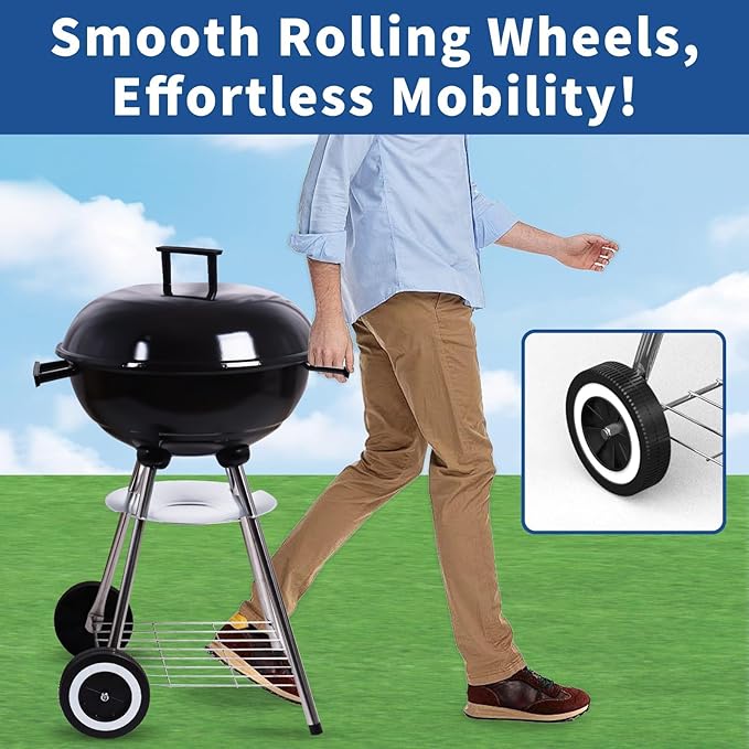 18 Inch Portable Charcoal Grill, Heavy Duty Kettle BBQ Smoker with Built-in Thermometer & Removable Water-Rinsable Ash Catcher for Outdoor Camping, Patio, Backyard, and Tailgating