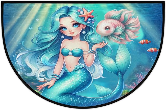 cfpolar Half Round Door Mat, Cute Mermaid Semi Circle Area Rug, Non Slip Area Rug Soft Doormat for Front Door Indoor Entrance Wear Half Moon Rug for Kitchen Bedroom Patio Fireplace 24 x 36 in