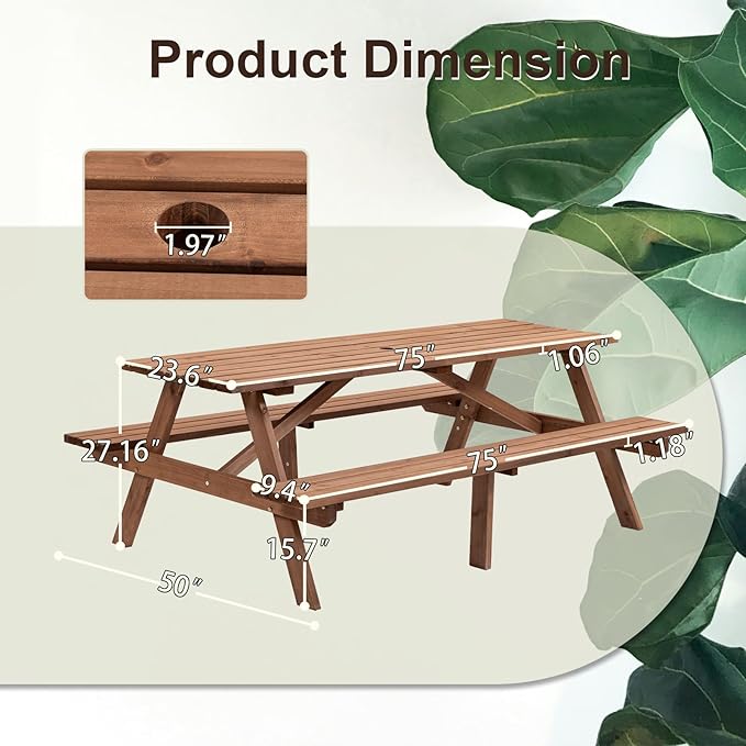 Outdoor Wooden Picnic Table with Benches and Umbrella Hole, Rustic Style Lifetime Picnic Table Bench Set for 6 or 8 Person for Backyard, Porch, Patio, and Deck, Brown