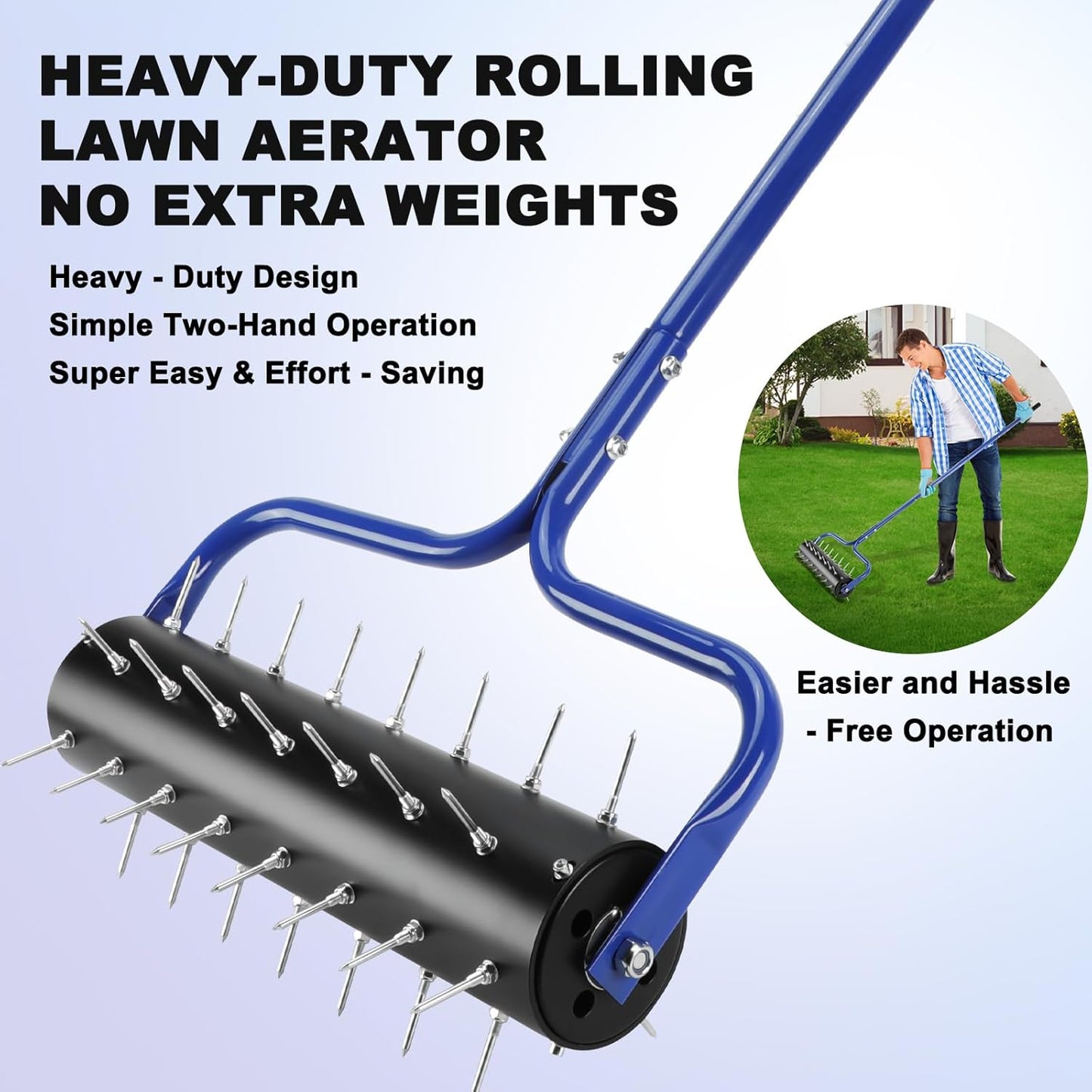 Rolling Lawn Aerator, 21" Pre-Assembled Aerator Lawn Tool, Heavy-Duty Grass Aerator with 45 Spikes, 75" Adjustable Handle Lawn Spike Aerator Roller – Yard Aerator for Lawn Care, Blue