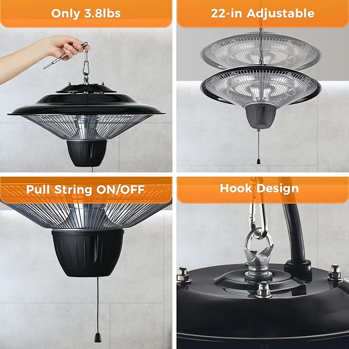 TRUSTECH Electric Outdoor Heater, 1500W Outdoor Hanging Heater, 3S Fast Heating, IP34 Waterproof, Silent Operation, Adjustable Chain, Heaters for Indoor and Outdoor Use, Gazebo, Garage, Patio, Balcony