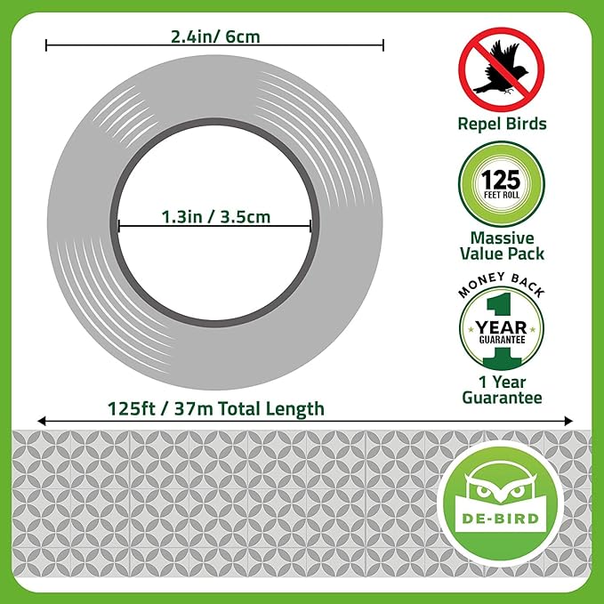 De-Bird Scare Tape - 125 Ft Roll, Holographic, Garden Style - Reflective Tape for Birds - Pigeon & Goose Control, Balcony & Patio Nest Deterrent
