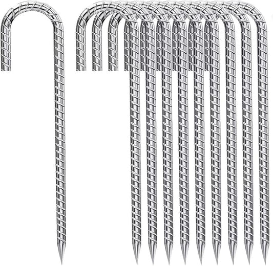 Ground-Stakes-Heavy-Duty-12-Inch, J Hook Rebar Stakes Galvanized Anti-Rust 10pcs Metal Stakes for Ground Heavy Duty Ground Anchors for Garden Dog Fence Chicken Coop Deer Fence