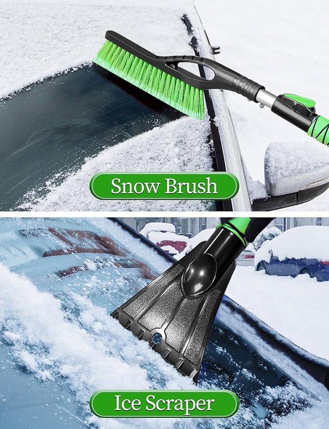 HEEYA Ice Scraper and Brush for Car, Extendable Snow Brush and Ice Scraper for Car Windshield Window, Car Snow Scraper and Brush with Foam Grip for SUV Truck Automobile Vehicle - Green