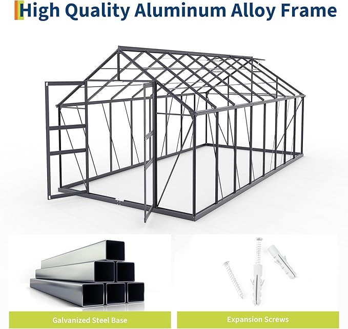 8x16FT Walk-in Greenhouses for Outdoors, Heavy Duty Polycarbonate Green House with Quick Setup Structure, Roof Vent, Push-Pull Lockable Door, Aluminum Green House for Garden Backyard, Patio, Lawn