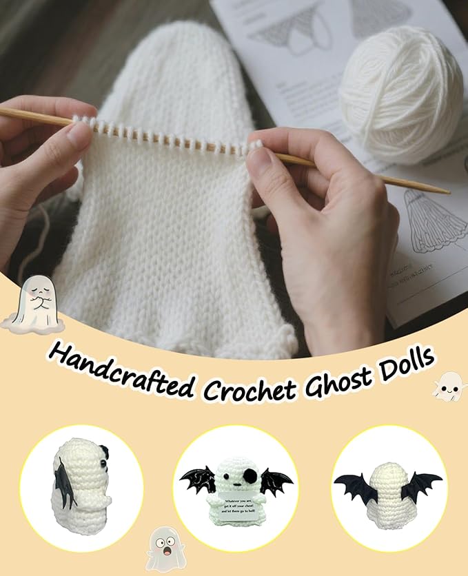 2 Packs Cute Decor for Men Women Kids, Positive Crochet Animals Emotional Support Handmade Mini Ghost Dolls with Positive Cards Halloween Basket Stuffers for Desk Home Decor