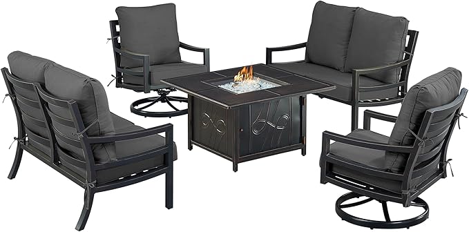 Oakland Living Black Aluminum Patio Fire Table Set with Two Deep Seating Loveseat with Cushions and Two Club Chairs with Black Cushions