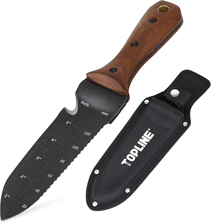 TOPLINE Hori Hori Garden Knife with Oxford Sheath, 7" Stainless Steel Blade with Cutting Edge, Full Tang Walnut Handle with Hanging Hole, Multifunctional Garden Tools for Weeding, Planting, Cutting