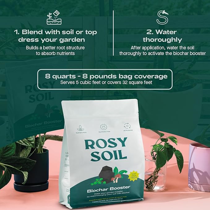 Rosy Soil Biochar Booster - Biochar Soil Amendment for Flowers and Vegetable Gardens - Horticultural Charcoal for Outdoor and Indoor Plants - Biochar Supplement for Potting Soil & Potting Mixes - 8qt