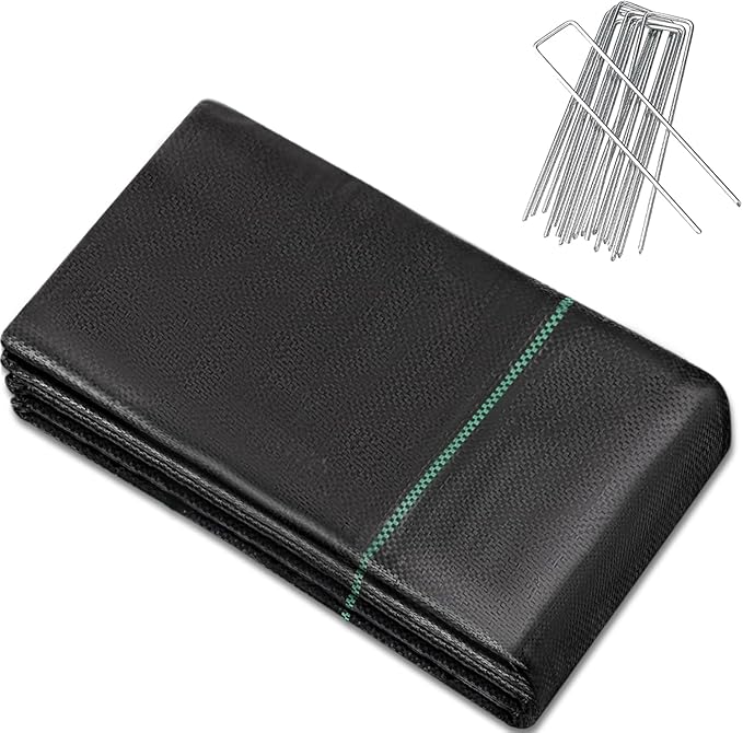 8 Garden Stakes + 1.4ftx50ft Weed Barrier Landscape Fabric Heavy Duty, Weed Gardening Ground Cover Mat, Weed Control Garden Cloth, Woven Geotextile Fabric for Underlayment, Commercial Driveway Fabric