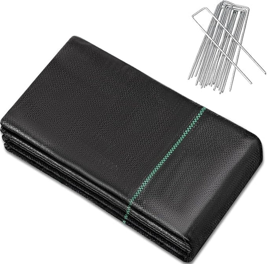 8 Garden Stakes + 1.4ftx50ft Weed Barrier Landscape Fabric Heavy Duty, Weed Gardening Ground Cover Mat, Weed Control Garden Cloth, Woven Geotextile Fabric for Underlayment, Commercial Driveway Fabric
