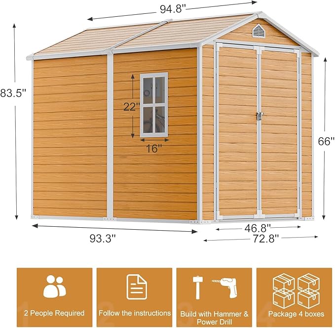 Resin Storage Shed 8 x 6 FT: Outdoor Resin Sheds with Floor, Plastic Waterproof Patio Outdoor Storage Shed with Lockable Door & Windows,Tool Sshed Storage for Garden Backyard Patio Lawn, Brown