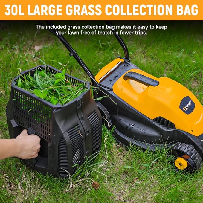 Hoteche 10-Amp Corded Electric Lawn Mower - 12.6 Inch Cutting Width, 30L Grass Bag, 3 Height Adjustments (1"-2.2"), Lightweight Walk-Behind Mower for Small/Medium Lawns (Easy Push Design)