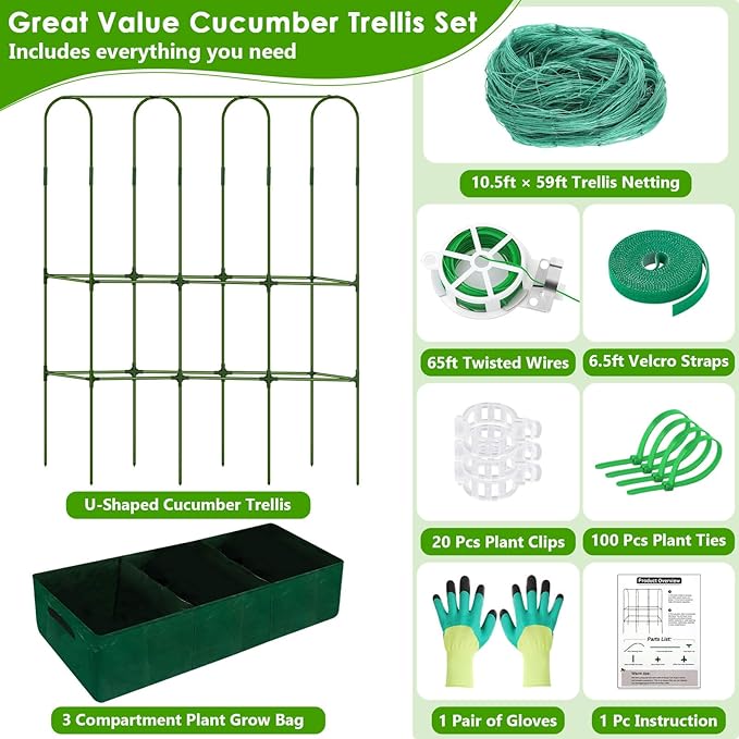 Cucumber Trellis for Climbing Plants with Grow Bag, 61" Tall Metal U-Frame Garden Trellis for Raised Bed with Garden Netting and Plant Clip Plant Ties for Vegetables, Squash, Pea, Grape