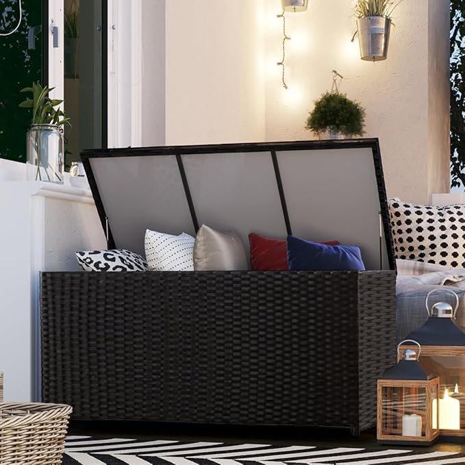 Outdoor 70 Gallon Wicker Storage Box with Waterproof Liner, Patio PE Rattan Storage Container for Outside, Deck Box with Hinged Lid for Cushions, Pillows, Towels, Horizontal Bin, Black