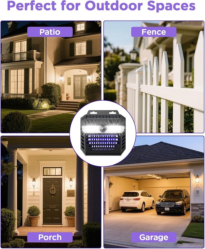 2-in-1 Solar Bug Zapper Outdoor Waterproof with Motion Sensor Light, Cordless Mosquito Zapper Outdoor with 3 Modes, Rechargeable Fly Trap Mosquito Killer Lamp for Patio (Black)