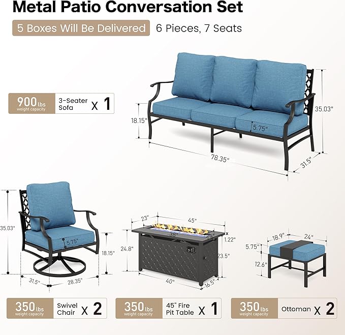 6 Piece Metal Outdoor Patio Furniture Set with Firepit Table, Patio Conversation Set 1 3-seater Sofa, 2 Swivel Chair, 2 Ottoman with 5.75" Thick Cushion, Black Backyard Furniture, Navy
