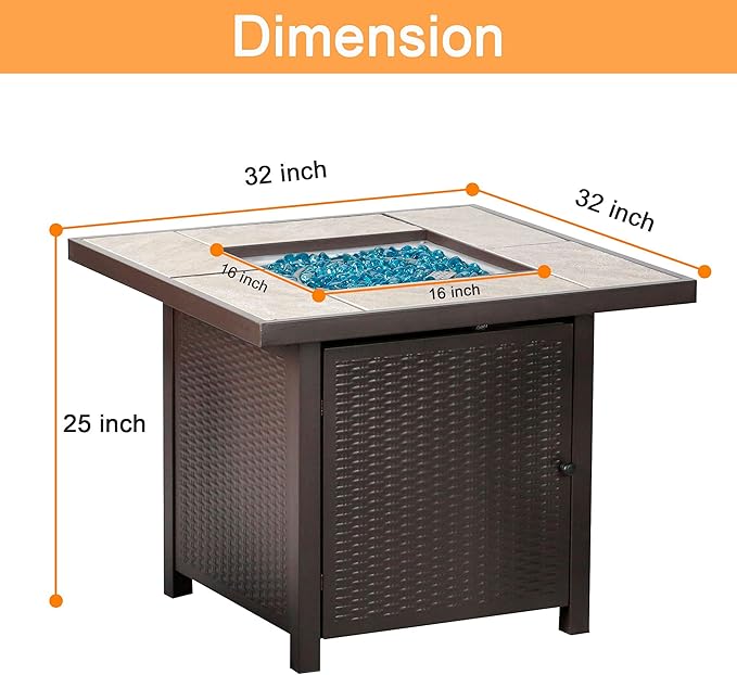 BALI OUTDOORS Propane Gas Fire Pit Table 32 inch 50,000 BTU Square Gas Firepits for Outside, Brown