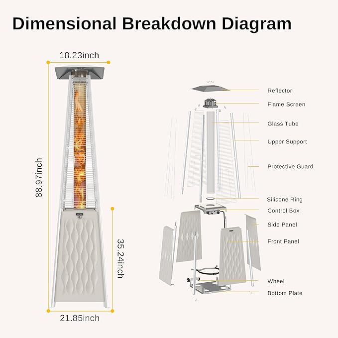 EAST OAK Pyramid Patio Heater, 48,000 BTU Outdoor Patio Heater, Quartz Glass Tube Propane Heater, Triple Protection System, With Wheels, Outdoor Heater for Commercial & Residential, White