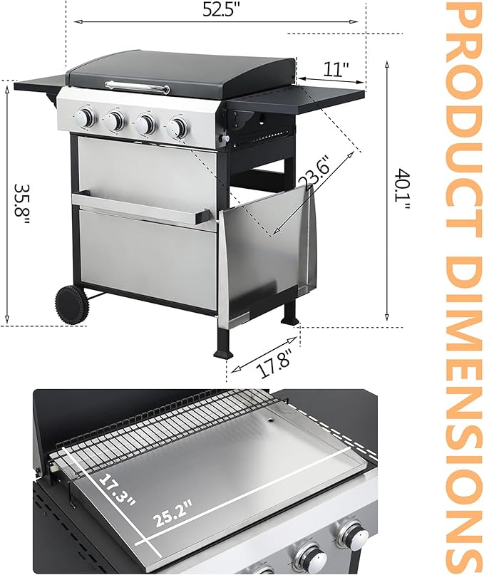 4-Burner Propane Gas BBQ Grill with Plate, 49200 BTU 2 in 1 Propane Griddle Grill Combo with 2 Foldable Side Table for Outdoor Cooking Camping Patio Backyard (4 burner +griddle)