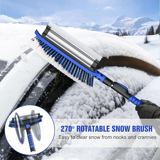 Nuovoware 60" Ice Scraper and Extendable Snow Brush for Car Windshield, 5 in 1 Adjustable Snow Removal Tools with 270° Pivoting Brush Head for Car Auto Truck SUV, Blue