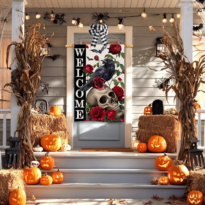BLKWHT Halloween Skull Rose House Flag 28x40 Vertical Double Sided Black Crow Bat Welcome Fall Holiday Outside Decorations Burlap Yard Flag BW838-40