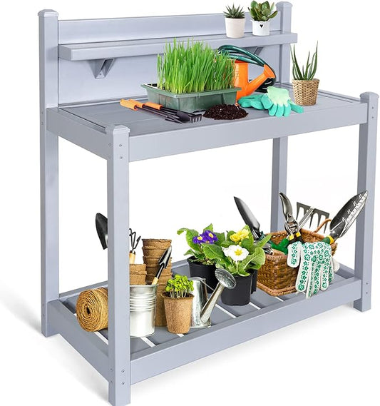 EAGLE PEAK Outdoor Indoor Maintenance Free Vinyl Garden Potting Bench, Waterproof Potting Table with Open Shelf, Lower Storage, 40inx21.6inx43.9in, Gray