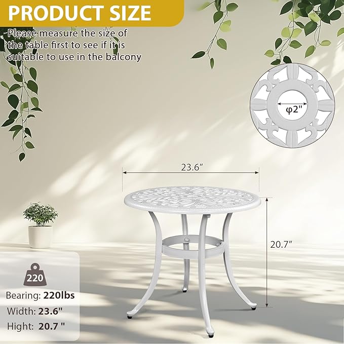 Outvita Patio Side Table, 23.6in Outdoor Round Cast Aluminum Bistro Table with Umbrella Hole and Antique Design for Backyard Porch Pool Balcony Deck White