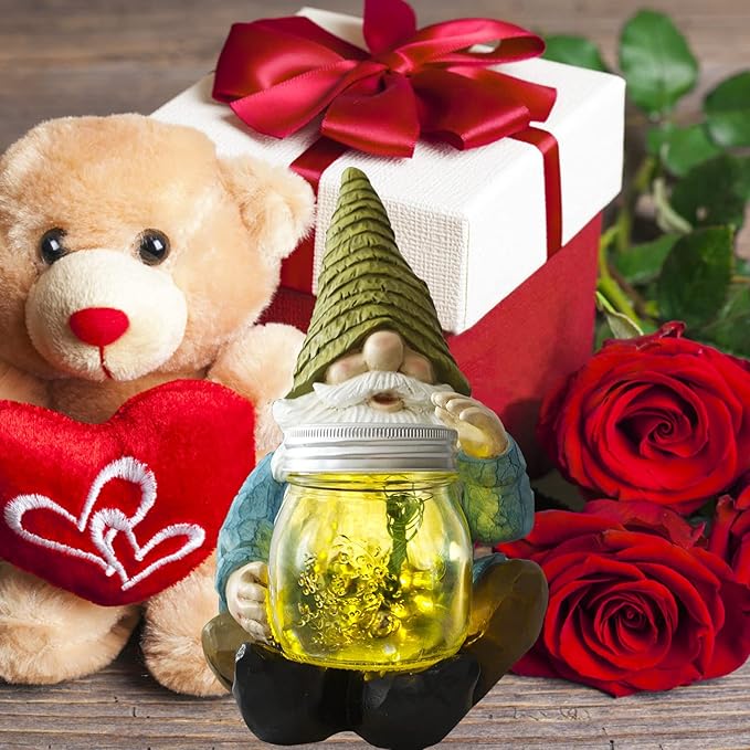 Solar Firefly Jar Gnome Waterproof- Halloween Large Garden Gnome Funny Solar Outdoor LED Lights Resin Statues 10.6" Lantern Figurines Decorations Birthday Gifts for Mom Women-Housewarming Gifts