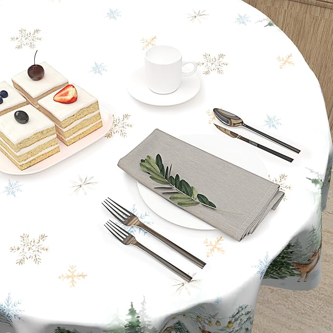 Giwawa Winter Christmas Round Tablecloth 60 Inch,Xmas Snowland Forest Deer Pine Tree Reusable Washable Fabric Tabletop Cover for Holiday Party Wedding Picnic Home Outdoor Decor