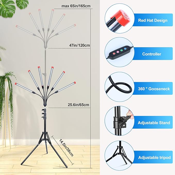 6-Head Grow Light with Stand and Timer, 54 Watt Power Home Plug LED Grow Lights for Indoor Plants for Tall Houseplants, Bonsai Tree, Seed Starting, 24"-64" Adjustable Height