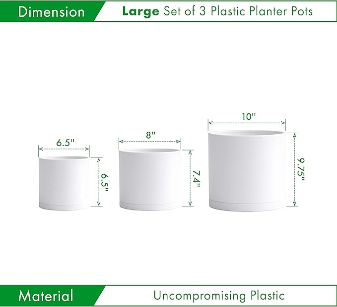 D'vine Dev 6.5 Inch 8 Inch 10 Inch, Set of 3 Plastic Planter Pots for Plants with Drainage Hole and Seamless Saucers, White Color, Large, 74-V-A-4