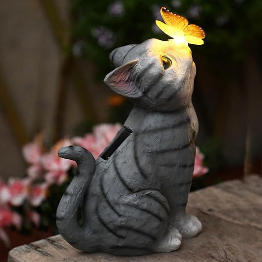 Solar Cat Garden Figurines Outdoor Decor Statue with LED Lights for Patio Balcony Yard Lawn Housewarming Gift for Garden Mom Grandma (Grey)